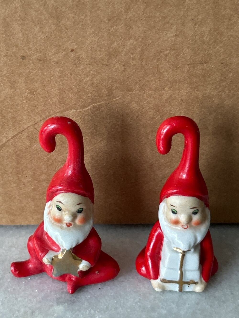 Vintage Mid Century Christmas Pixie Elves Figurines Pair Japan MCM Red Gold